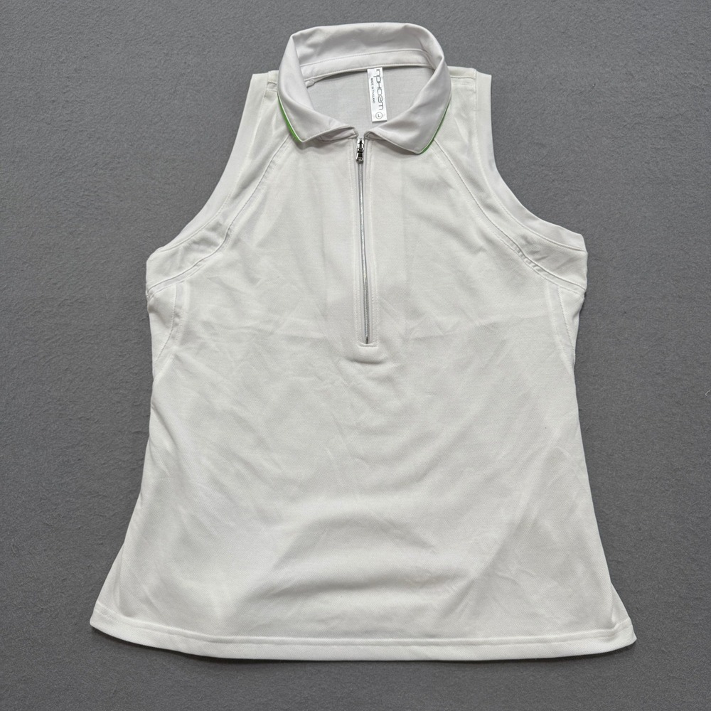 NEW‎ InPhorm Polo Top Women's Large White Lime Quarter Zip Sleeveless Activewear